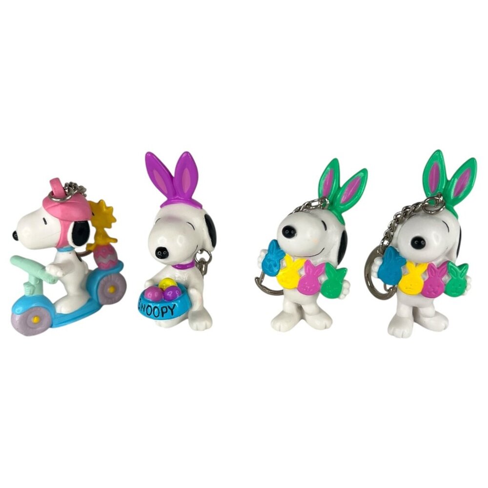 4 Peanuts Snoopy Easter Keychain Figurines Bunny Ears Woodstock Scooter PVC‎ VTG